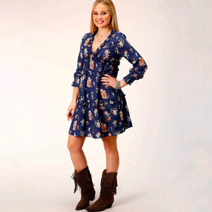 Roper Cowboy Toile Rayon Dress blue western print ruffle mini women's size XL
